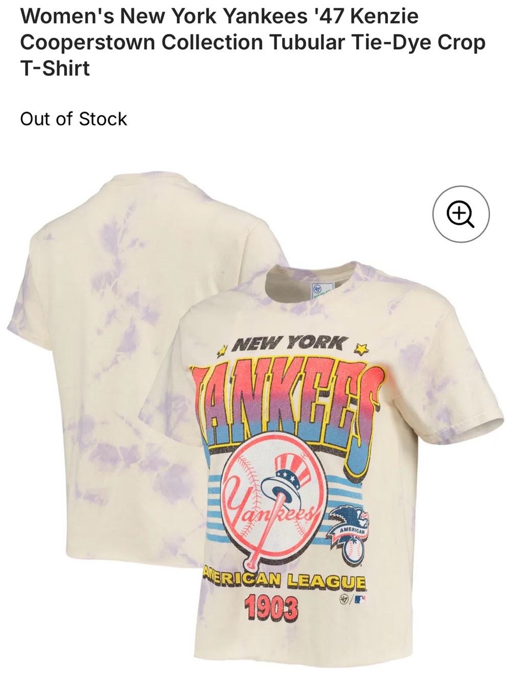 '47 Kenzie Tubular Tie-Dye Yankees Crop Tee in Cream & Light Purple